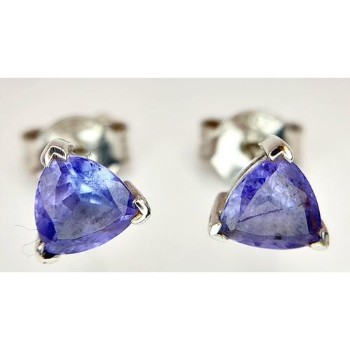 385 - A Pair of Designer 'Browns' 9K Gold and Blue Sapphire Trillion Cut Stud Earrings. 1.2g. Come with a ... 