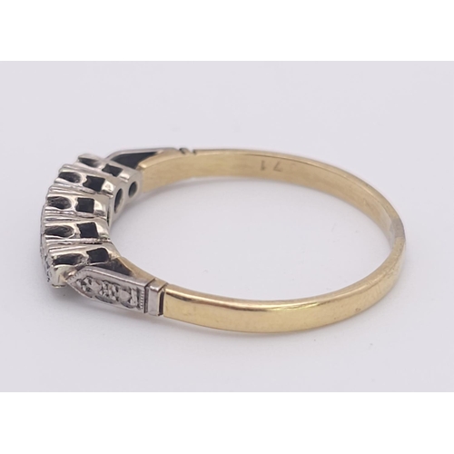 417 - A Vintage 18K Gold and Platinum Five Diamond Ring. Size Q. 2.9g total weight.