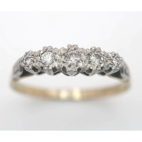 417 - A Vintage 18K Gold and Platinum Five Diamond Ring. Size Q. 2.9g total weight.