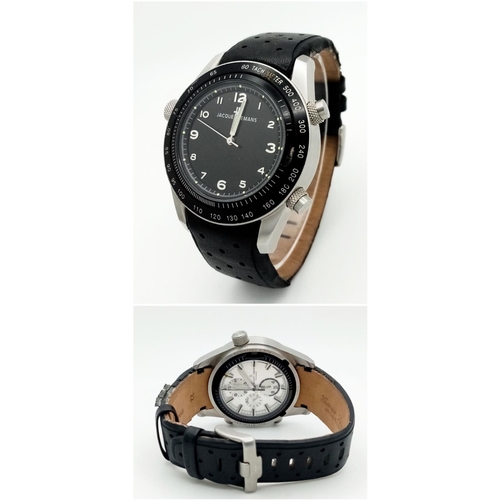 396 - A Jacques Lemans Dualtime Chronograph Gents Watch. Silver tone face with three sub dials and a class... 