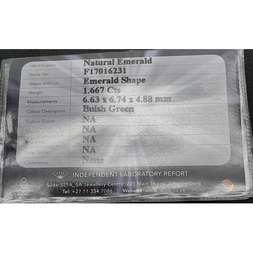 734 - A 1.66ct NATURAL EMERALD IN EMERALD SHAPE , COMES WITH THE INDEPENDANT LABORATORY REPORT.