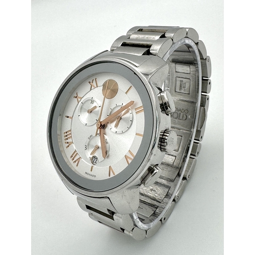 399 - A Movado Bold Quartz Chronograph Watch. Stainless steel bracelet and case - 40mm. Silver and white d... 