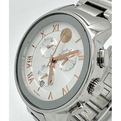 399 - A Movado Bold Quartz Chronograph Watch. Stainless steel bracelet and case - 40mm. Silver and white d... 