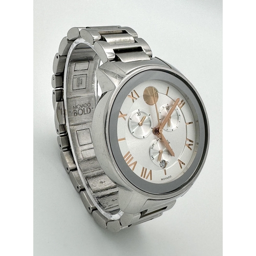 399 - A Movado Bold Quartz Chronograph Watch. Stainless steel bracelet and case - 40mm. Silver and white d... 