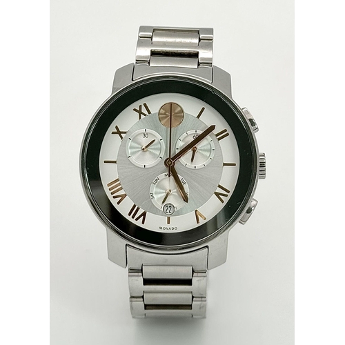 399 - A Movado Bold Quartz Chronograph Watch. Stainless steel bracelet and case - 40mm. Silver and white d... 