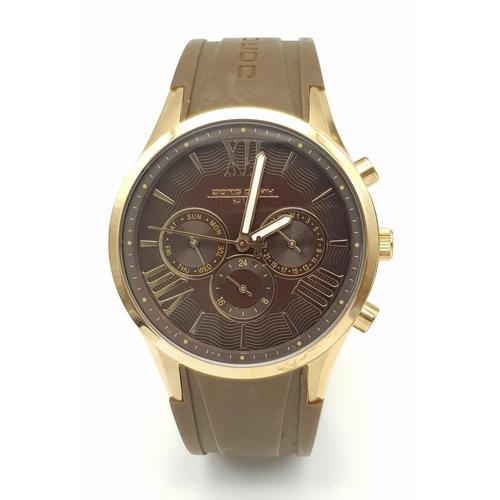 706 - A JORG GRAY CHRONOGRAPH IN ROSE GOLD COLOUR WITH 3 SUBDIALS AND BROWN RUBBER STRAP, NEW AND UNWORN .... 