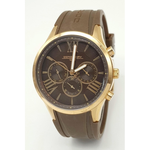 706 - A JORG GRAY CHRONOGRAPH IN ROSE GOLD COLOUR WITH 3 SUBDIALS AND BROWN RUBBER STRAP, NEW AND UNWORN .... 