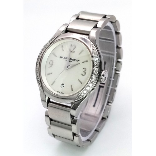 413 - A Baume and Mercier Diamond Quartz Ladies Watch. Stainless steel bracelet and case - 30mm. Diamond b... 