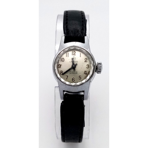 427 - A Vintage Lanco Mechanical Ladies Watch. Black leather strap. Stainless steel case - 18mm. In workin... 