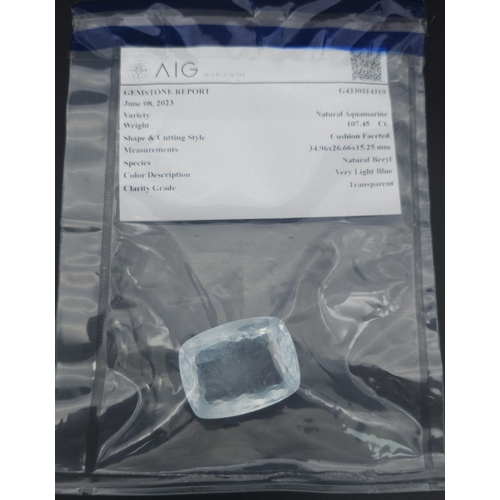 361 - An Impressive 107.45ct Aquamarine Gemstone. AIG Milan Certified - Sealed.