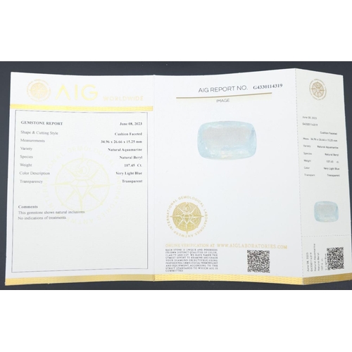 361 - An Impressive 107.45ct Aquamarine Gemstone. AIG Milan Certified - Sealed.