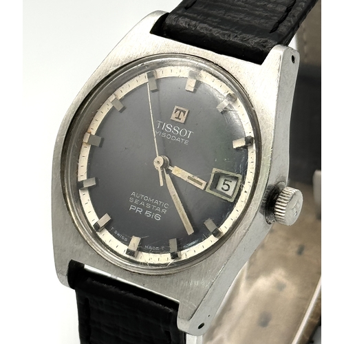 741 - A Vintage Tissot Automatic Seastar PR 516 Gents Watch. Black leather strap. Stainless steel case - 3... 