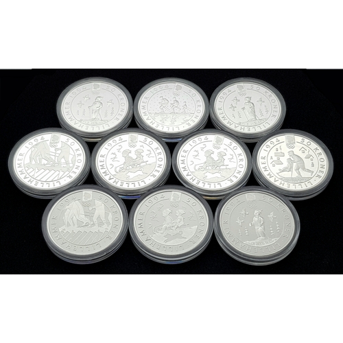 748 - Ten Uncirculated Sterling Silver 1994 Winter Olympic, Lillehammer Commemorative Coins.  170g. In pla... 
