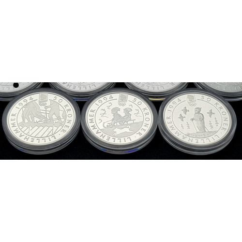 748 - Ten Uncirculated Sterling Silver 1994 Winter Olympic, Lillehammer Commemorative Coins.  170g. In pla... 