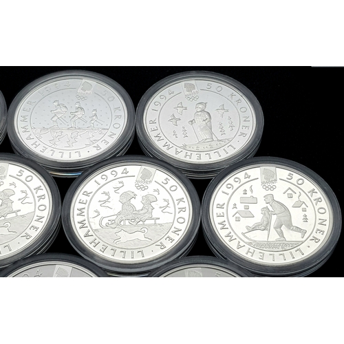 748 - Ten Uncirculated Sterling Silver 1994 Winter Olympic, Lillehammer Commemorative Coins.  170g. In pla... 
