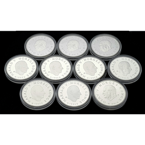 748 - Ten Uncirculated Sterling Silver 1994 Winter Olympic, Lillehammer Commemorative Coins.  170g. In pla... 