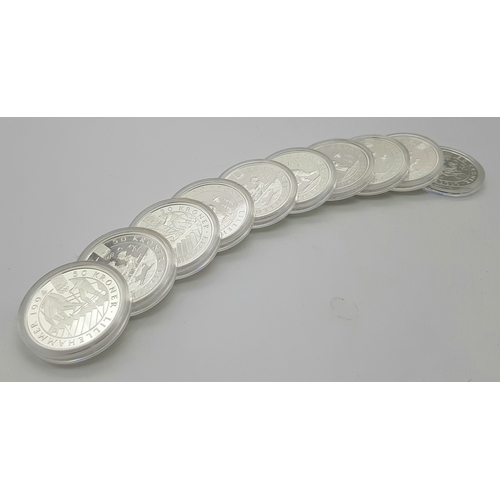 748 - Ten Uncirculated Sterling Silver 1994 Winter Olympic, Lillehammer Commemorative Coins.  170g. In pla... 