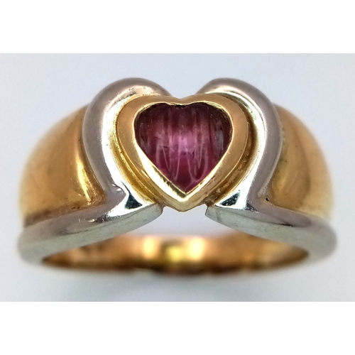 31 - An Italian 18K Yellow Gold Ruby Heart Ring. Size R 1/2. 8.9g