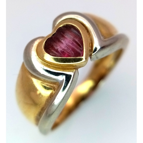 31 - An Italian 18K Yellow Gold Ruby Heart Ring. Size R 1/2. 8.9g