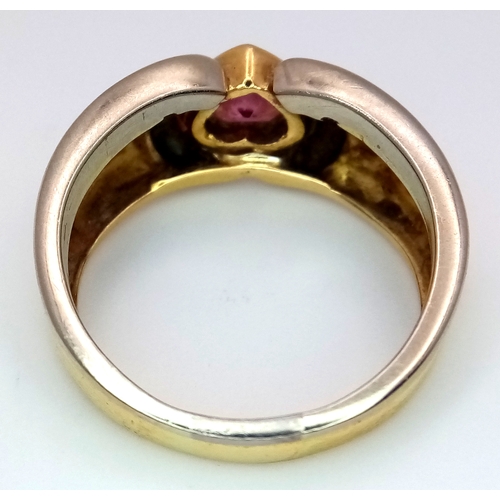 31 - An Italian 18K Yellow Gold Ruby Heart Ring. Size R 1/2. 8.9g