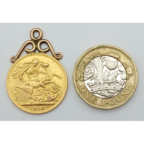 41 - A 1913 George V 22K Gold Sovereign with 9K Pendant Attachment. 8.7g total,
