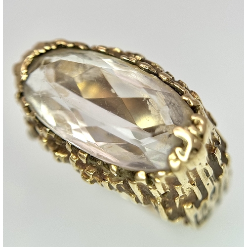 190 - A Vintage 9K Yellow Gold White Quartz Ring. Size N. 6.8g.