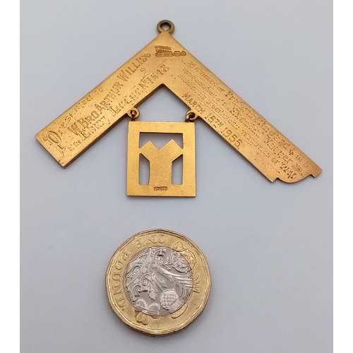714 - A Fascinating 15K Gold Masonic Pendant. Hallmarks for Birmingham 1898 but given to the recipient in ... 