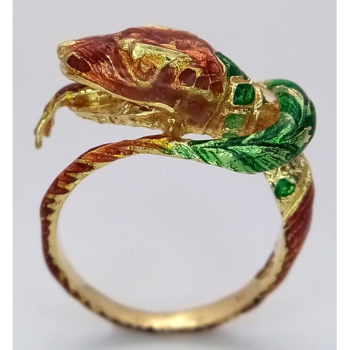 770 - An 18K Yellow Gold and Colourful Enamel Serpent Ring! Size K 1/2. 6.6g