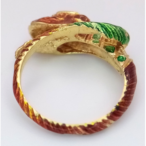 770 - An 18K Yellow Gold and Colourful Enamel Serpent Ring! Size K 1/2. 6.6g
