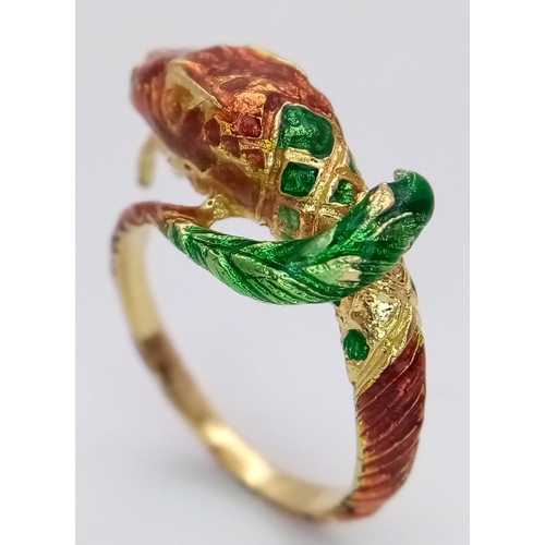 770 - An 18K Yellow Gold and Colourful Enamel Serpent Ring! Size K 1/2. 6.6g