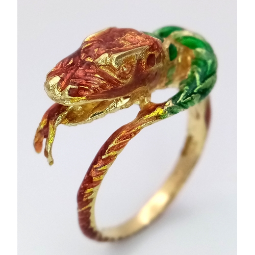 770 - An 18K Yellow Gold and Colourful Enamel Serpent Ring! Size K 1/2. 6.6g