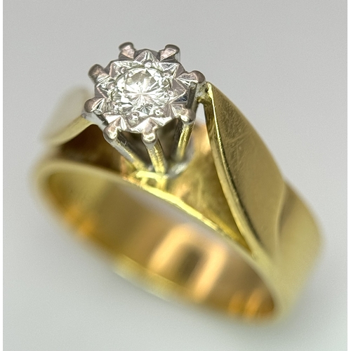 777 - An 18K Yellow Gold Diamond Solitaire Ring. A brilliant round cut diamond in a raised setting. Size K... 