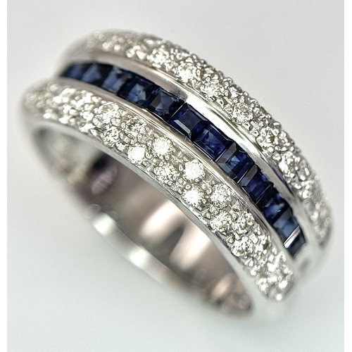 22 - AN 18K WHITE GOLD ( TESTED ) 5 ROW DIAMOND & SAPPHIRE RING - 0.75CTW DIAMONDS & 0.35CTW SAPPHIRES. 8... 