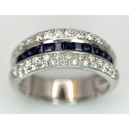 22 - AN 18K WHITE GOLD ( TESTED ) 5 ROW DIAMOND & SAPPHIRE RING - 0.75CTW DIAMONDS & 0.35CTW SAPPHIRES. 8... 