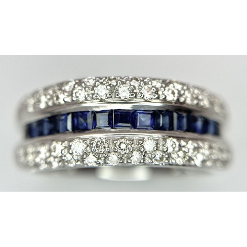 22 - AN 18K WHITE GOLD ( TESTED ) 5 ROW DIAMOND & SAPPHIRE RING - 0.75CTW DIAMONDS & 0.35CTW SAPPHIRES. 8... 