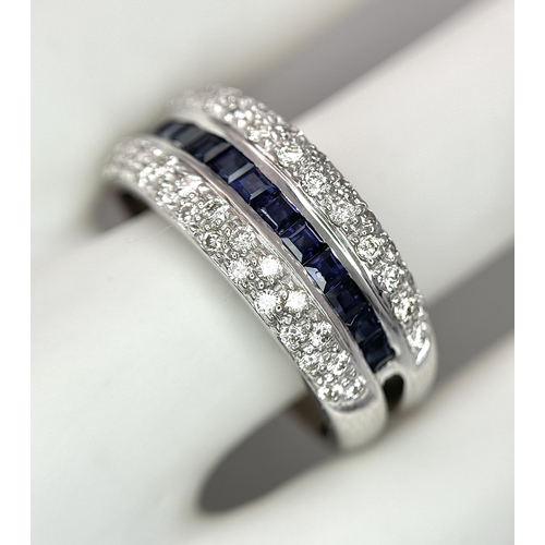 22 - AN 18K WHITE GOLD ( TESTED ) 5 ROW DIAMOND & SAPPHIRE RING - 0.75CTW DIAMONDS & 0.35CTW SAPPHIRES. 8... 