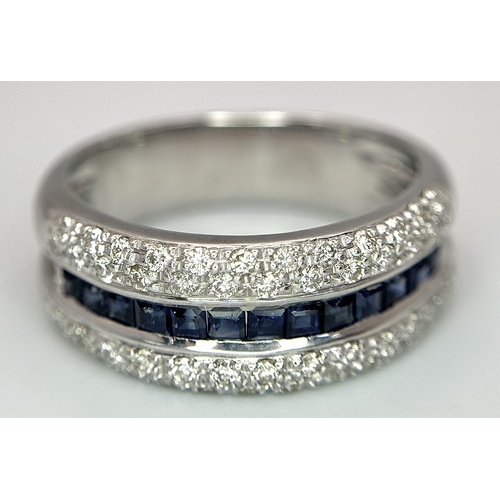 22 - AN 18K WHITE GOLD ( TESTED ) 5 ROW DIAMOND & SAPPHIRE RING - 0.75CTW DIAMONDS & 0.35CTW SAPPHIRES. 8... 
