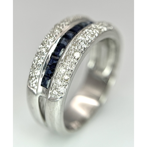 22 - AN 18K WHITE GOLD ( TESTED ) 5 ROW DIAMOND & SAPPHIRE RING - 0.75CTW DIAMONDS & 0.35CTW SAPPHIRES. 8... 