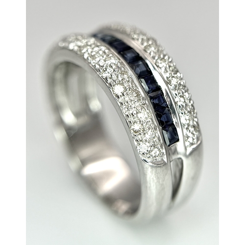 22 - AN 18K WHITE GOLD ( TESTED ) 5 ROW DIAMOND & SAPPHIRE RING - 0.75CTW DIAMONDS & 0.35CTW SAPPHIRES. 8... 