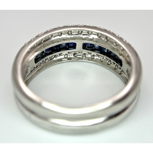 22 - AN 18K WHITE GOLD ( TESTED ) 5 ROW DIAMOND & SAPPHIRE RING - 0.75CTW DIAMONDS & 0.35CTW SAPPHIRES. 8... 