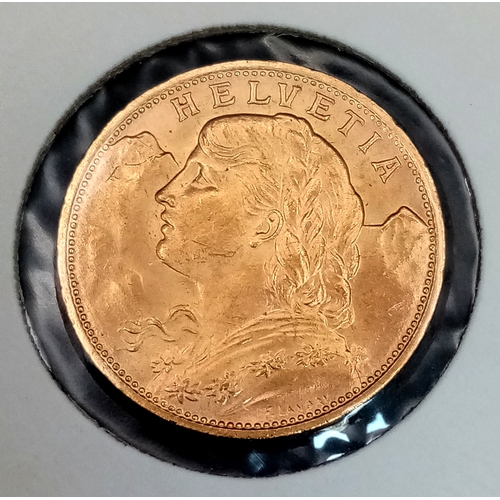 11 - A 1914 HELVETIA SWISS 20 FRANC COIN. 6.4G. C-5015