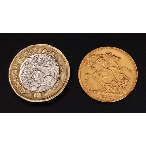 174 - A 1920 GEORGE V, PERTH FULL SOVEREIGN COIN. 22K GOLD. 
C-5005