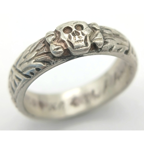 793 - A Re-enactors Silver SS Honour Ring. UK Size: V.5 US Size: 11. With Himmler Signature inside.