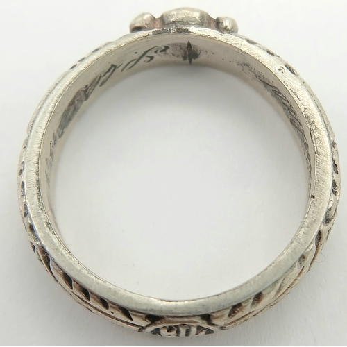 793 - A Re-enactors Silver SS Honour Ring. UK Size: V.5 US Size: 11. With Himmler Signature inside.