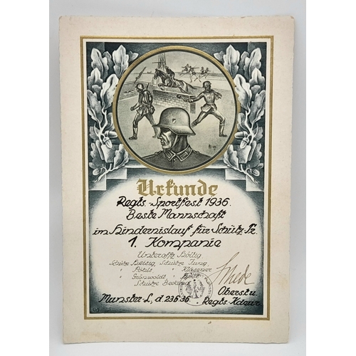 810 - A 1936 Dated Army Sports Certificate & Trophy for the best time completing the assault course.