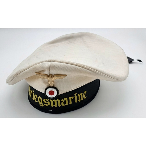811 - A WW2 Re-enactors Kriegsmarine White Top “Donald Duck” Hat. Original Cap Badge and Tally on a post W... 
