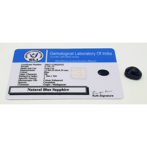 761 - AN OVAL CUT NATURAL BLUE MADAGASCAN SAPPHIRE 4.15CT WITH GLI CERTIFICATE . REF: A/S 1091