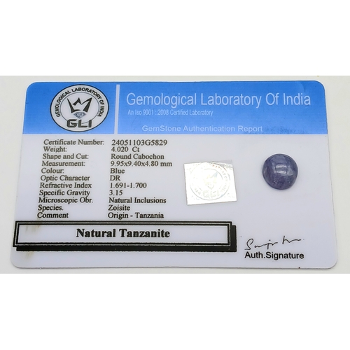 768 - A ROUND CABOCHON NATURAL TANZANITE 4.02CT WITH GLI CERTIFICATE . REF: A/S 1092