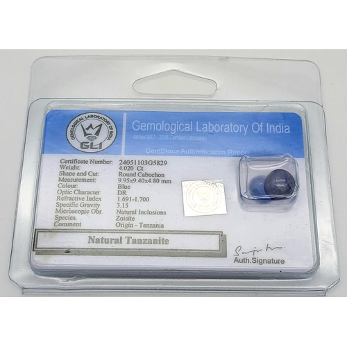 768 - A ROUND CABOCHON NATURAL TANZANITE 4.02CT WITH GLI CERTIFICATE . REF: A/S 1092