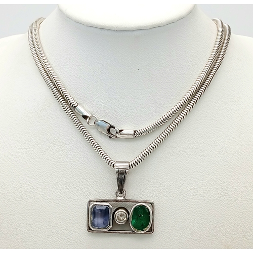369 - A HERRINGBONE SILVER NECK CHAIN WITH A 3 STONE PENDANT .      36.5gms     80cms . Ref: 21312